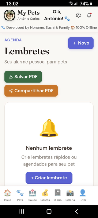 Tela Lembretes no app My Pets