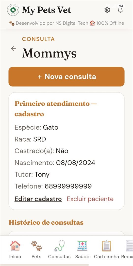 Tela de consulta do paciente no app My Pets Vet