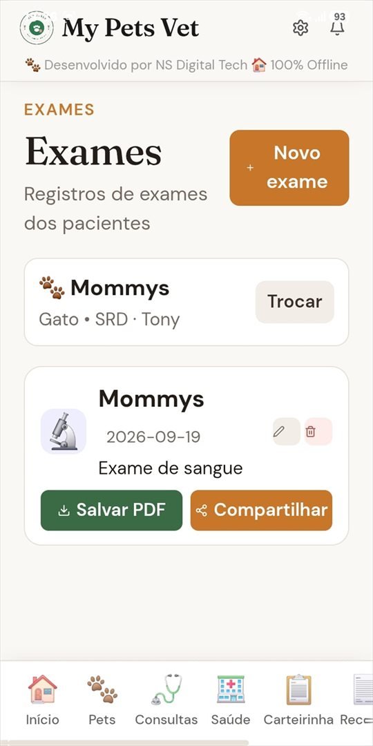 Tela de exames do paciente no app My Pets Vet